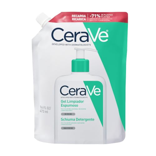 CeraVe, Gel Limpiador Espumoso, Elimina el exceso de grasa, Recarga, 473 ml | Elimina exceso de sebo, suciedad y maquillaje mientras hidrata intensamente y calma la piel.