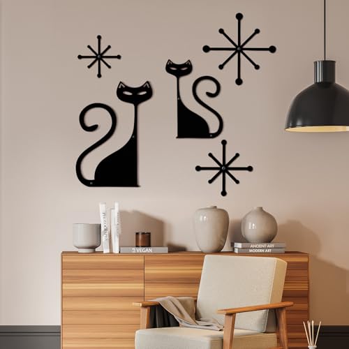 Wesiti 5 Pcs Mid Century Modern Atomic Cute Cat Wall Art Decor Vintage Metal Wall Decor Cartoon and Atomic Stars Retro Aesthetic Cute Home Decoration for Kitchen Bathroom Lovers Gifts