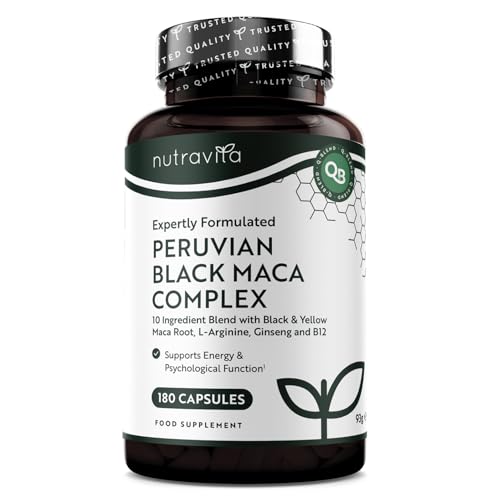 Complejo de Maca Negra 6000mg con Zinc Vitamina B12 Ginseng Fenogreco Vitamina B6 L Arginina - Metabolismo Energético, Funciones Psicológicas Normales (EFSA) 180 Cápsulas para 6 Meses - Nutravita