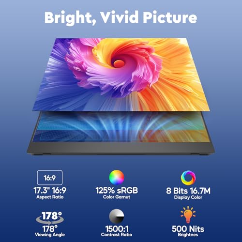 Image of 17.3 inch Wireless Portable Monitor with Built‑in 8000mAh Battery 4H, AirPlay & Miracast, 2.5K QHD 2560x1400 IPS Matte HDR, 125% sRGB, 500 Nits, VESA, Auto Rotation for Phone /Tablet, USB‑C & Mini HDMI