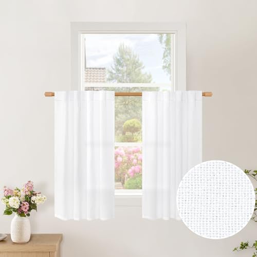BGment White Linen Cafe Curtains 30 Inch Length, Rod Pocket Half Drapes Light Filtering for Bathroom Kitchen Window Over Sink Ring Clips Decorative, 34 Inch Wide Each Panel by BGment - Used condition - US$11.99
