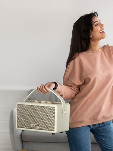 Image of MLOVE A200 Portable Retro Bluetooth Speaker with Aux Input, USB Port, Micro SD Card Slot - Decorative Wireless Bookshelf Speakers Battery Powered, House Warming Gifts for New Home, White Strap