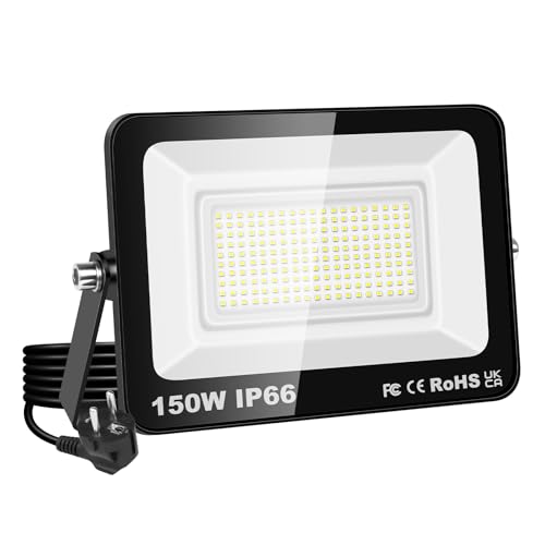 SKYWORLD 150W Faretti a LED per esterni, 15000LM Faretto Led da Esterno con Spina, Proiettore Faro Led Bianca Fredda 6000K IP66 Fari di sicurezza per Terrazza, Giardino, Cortile, Patio, Garage