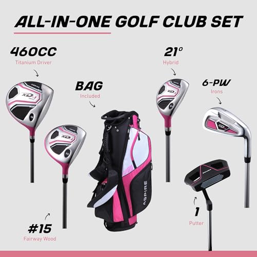 Image of Aspire XD1 Womens Golf Clubs Full Set, Includes Driver, Fairway, Hybrid, 6-PW Irons, Putter, Stand Bag, 3 H /C's, Ultra-Light Graphite Shafts, Golf Clubs Women Right Handed, Comes in 3 Sizes, Pink