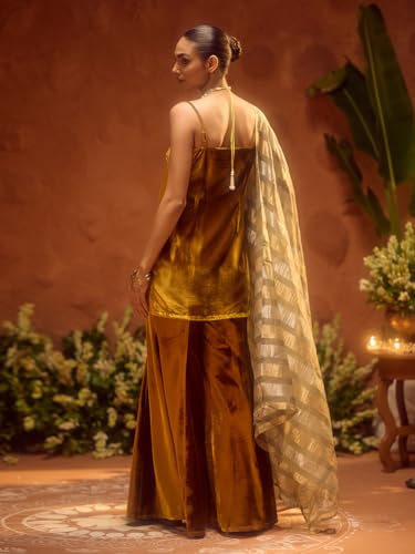 Image of FIORRA Women Ocher Yellow Ice Velvet Embroidered Kurta Set with Dupatta