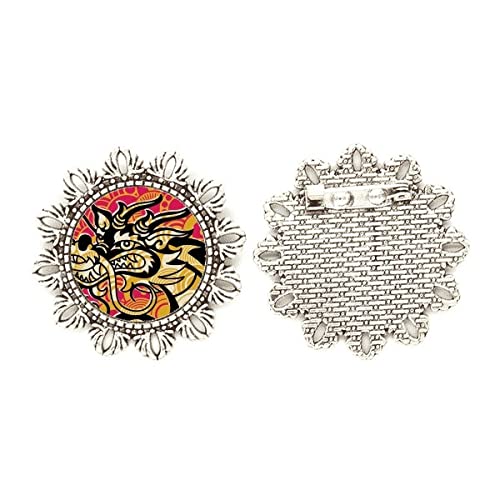 Broche de dragón asiático negro plata con relieve floral y acabado artesanal premium