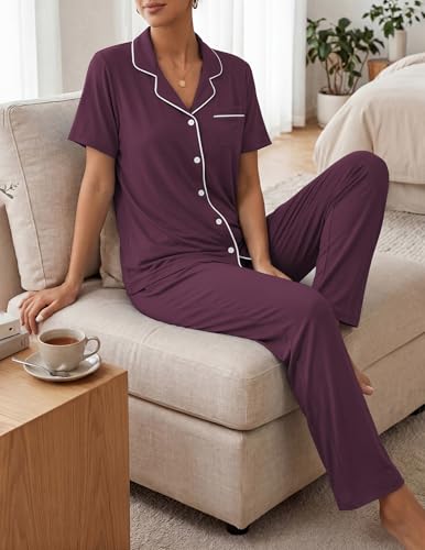 Image of ZMJ Womens Pajamas Sets 2 Piece Button Up Pj Sets Short Sleeve with Long Pant