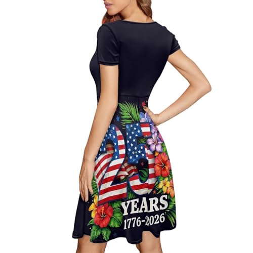Image of HUGS IDEA Womens Puffy Swing Midi Dress Round Neck Short Sleeve Party A-Line Dresses