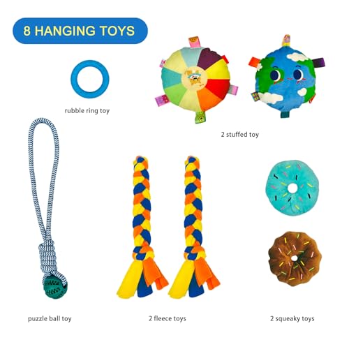 Dewonch Welpenspielstudio mit 8 hängenden Spielzeugen, kleine Hunde Indoor Dschungel Gym, PVC-Rahmen mit Bungee-Gurten Bereicherung Activity Center