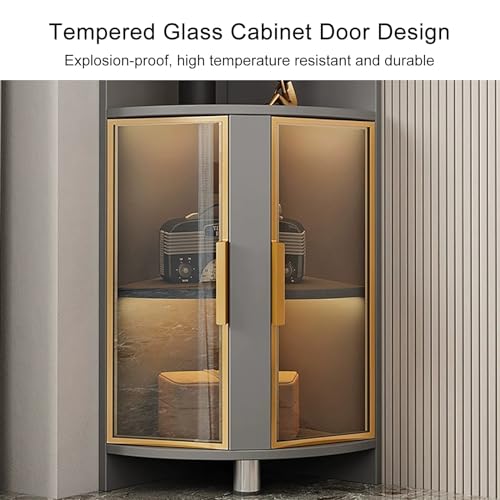 Elegante armadietto ad angolo alto con ante in vetro e ripiani a LED, salvaspazio, per bagno, cucina, soggiorno e camera da letto, design moderno e versatile