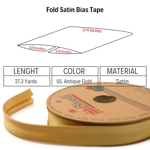 Image of Fold Satin Bias Tape - 99+ Colors - 3 /4 Inches Wide - 27 Yards - Fold Satin Binding Bias Ribbon Fabric Piping Bias Binding Tape for Sewing Clothing DIY (55. Antique Gold) BYS55