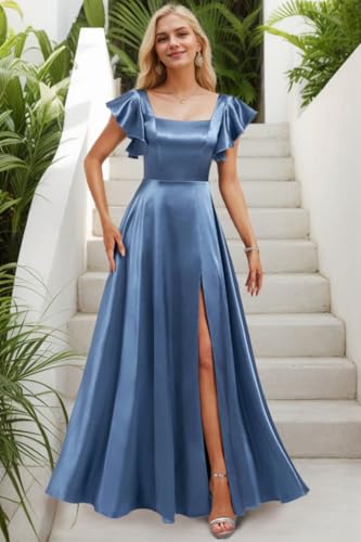 Short Sleeve Bridesmaid Dresses with Pockets Square Neck A-Line Satin Prom Gown Dress for Women with Slit IIF1344