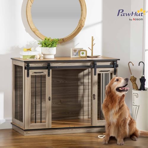 PawHut Hundekäfig, Hundehütte mit Zweiraum-Option, Haustierkäfig mit Doppeltüren, Hundebox, Hundehaus für Mittelegroße Hunde, 120 x 60 x 88,5 cm, Eiche