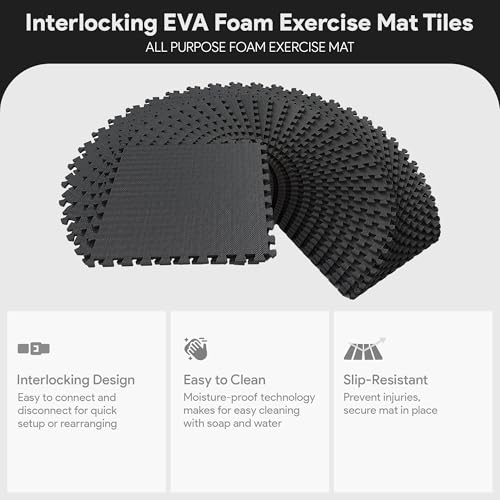 Image of BalanceFrom Puzzle Exercise Mat 1 /2 inch Thick, EVA Interlocking Foam Floor | Tiles for Home Gym, Mat for Home Workout Equipment, Floor Padding for Kids, Black, 24 in x 24 in x 1 /2 in, 144 Sq Ft-36 Tiles