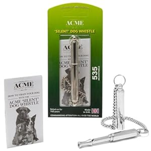 ACME original ‘silent’ dog training whistle no. 535. Adjustable frequency. Instruction leaflet included. Made in the UK. Good sound quality. Weather-proof. Solid brass with nickel plated finish