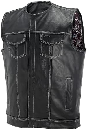 EXCELSIOR Men's SOA Style Paisley Liner Collarless Leather Vest With Premium Patch Holder And Outside Access Gun Pocket Motorcycle Rider Jacket For Men(Black, 4XL)