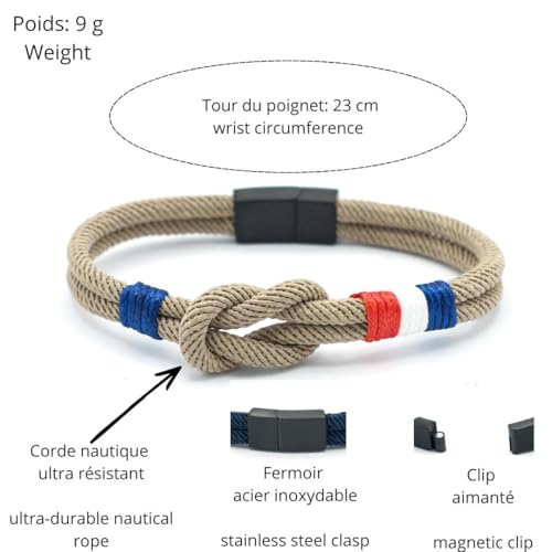 Équ'inox Bracelet Nautique Homme & Femme |Corde Marine 5 mm & Fermoir Acier Inoxydable| artisanat français (Bracelet Nautik | Bleu marine : confiance, stabilité, profondeur, 19, Centimètres) – vue 3