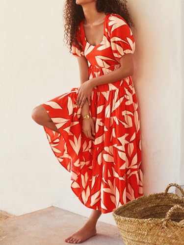 Image of PRETTYGARDEN Puff Short Sleeve Cewneck Floral Long Fall Dresses for Women 2025 Flowy Tiered Hem Maxi Wedding Guest Dress
