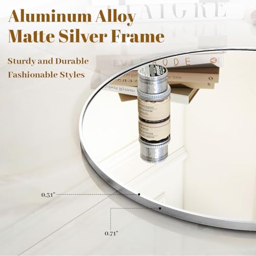 Image of VooBang Silver Round Bathroom Mirror, 24 inch Circle Wall Mounted Hanging Mirror with Simple Modern Circular Metal Frame for Hallway, Entryway, Living Room, Silver Frame