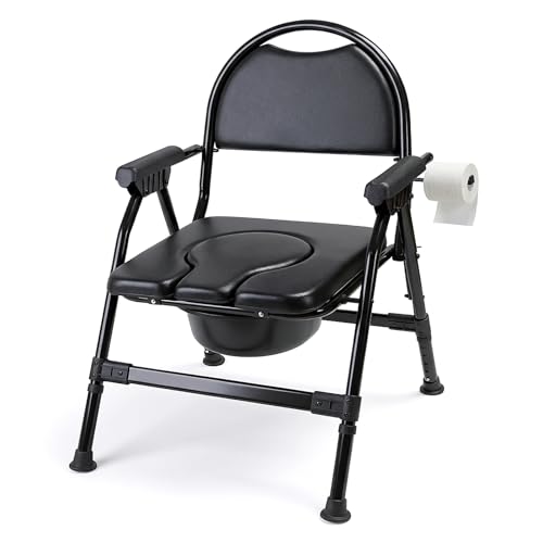 4-in-1 Folding Bedside Commode Chair with Seat Cover Tool-Free Assembly Portable Toilet for Adults Adjustable Height Bedside Commode for Seniors with Handles 330lbs Support (Black)