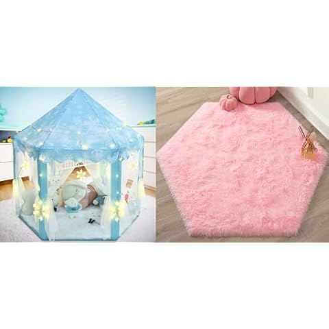 KIXINWA Princess Tent with Large Snowflake Lights and Pink Princess Rug Cover