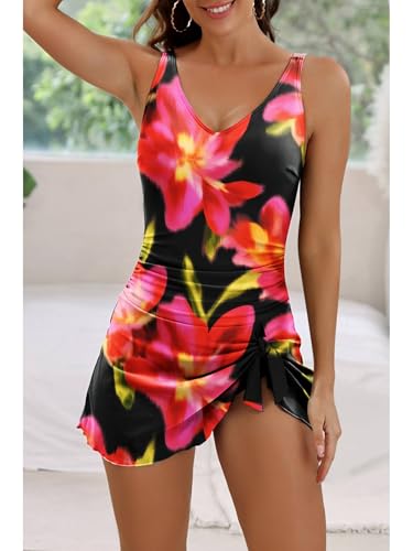 Image of Aidonger One Piece Swim Dress Swimsuits for Women Tummy Control Swimdress Skirt Bathing Suit