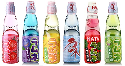 Hatakosen Ramune Soda 200 ml (6 botellas de regalo), original, fresa, melón, naranja, piña, arándano