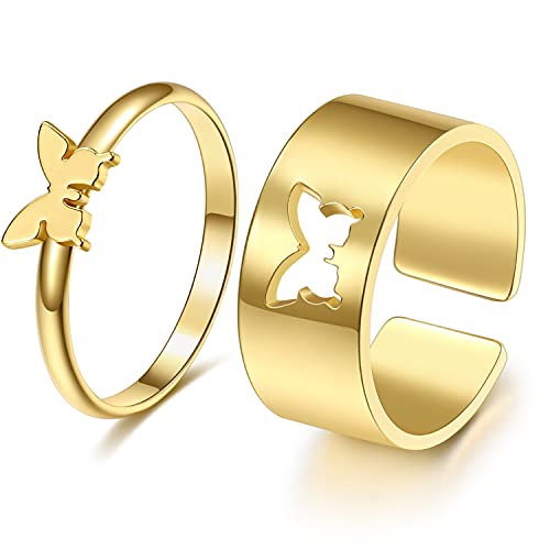 Butterfly Ring for Couples，Matching Butterfly Rings for women Teen Girls Men Adjustable Gold Plated Split Metal Promise Wedding Set Friendship Jewelry 2pcs (gold, copper)