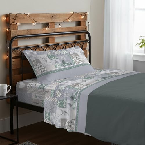 PENSIERI DELICATI Completo Letto 1 Piazza e Mezza, 100% Cotone Caldo e Morbido, Completo Lenzuola 120 x 200 cm, Include Lenzuolo sotto, sopra e 1 Federa, Made in Italy, Alpi Verde