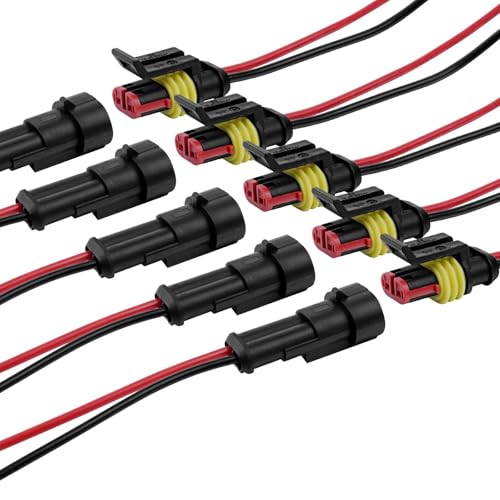 5 Kit Connettori Elettrici Impermeabili 2 Pin 12V con Cavo 16 AWG – Connettori Elettrici Rapidi per Auto, Moto, Scooter, Camion, Barca, Marine