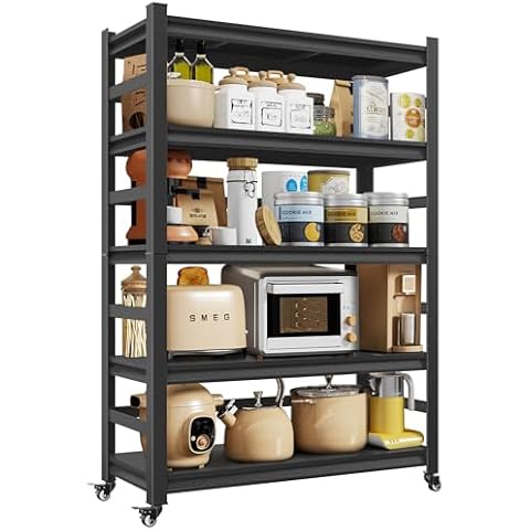 PRESTELION Kitchen Storage Shelves 63”H*31.5”W*15.7”D,Adjustable 5-Tier Kitchen Shelves,Metal Shelves for Storage Pantry Shelves with Rolling Wheels,Free Standing Kitchen Storage Shelf Rack Cover