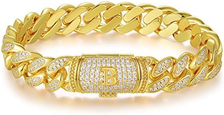 ETEVON Fathers Day Gift Cuban Link Initial Bracelet for Men Gold Plated Hip Hop Mens Jewelry Gift for Boyfriend Birthday Christmas Valentines Day Diamond Gold Chain Jewelry Gifts for Men Husband Boy Son