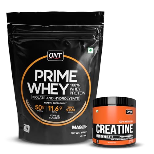 Image of QNT Prime Whey Triple Blend Whey Protein, 500 G & Creatine 90 G Combo | Coffee | High-Protein Muscle Gain & Strength Booster | Faster Recovery & Performance