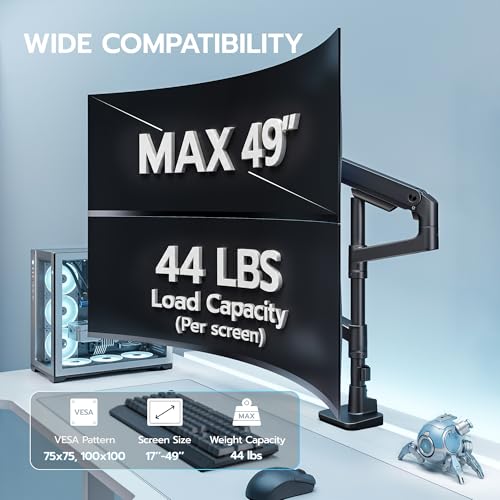 Image of ARES WING Dual Extra Tall Monitor Arm Desk Mount for 17-49 inch Ultrawide Monitors, Heavy Duty Monitor Mount Holds 44 lbs, Full Motion Gas Spring Vertical Monitor Mount, 75 /100 VESA Mount, Black