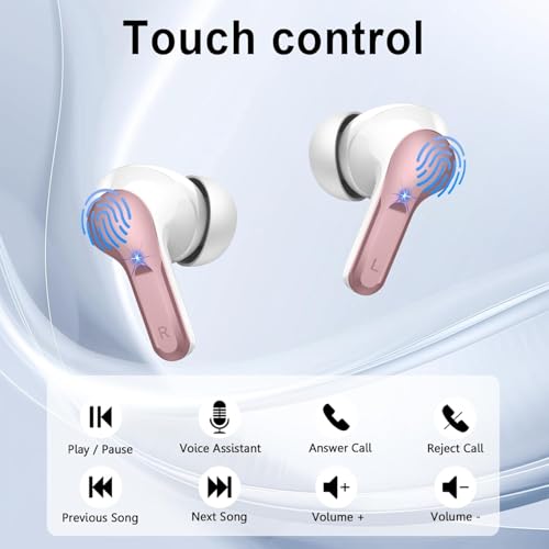 Image of Wireless Earbuds, Bluetooth Headphones 5.4 HiFi Stereo, Ear Buds with 4 ENC Noise Cancelling Mics, 48H Bluetooth Earbuds with Dual LED Display, IP7 Waterproof Earphones for Android iOS, Rose Gold