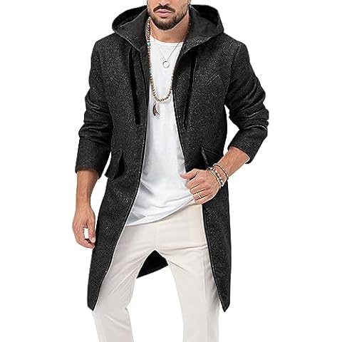 ZIWOCH Mens Trench Coat Wool Blend Long Hoodie Jacket Full Zip Winter Classic Business Overcoat Cover