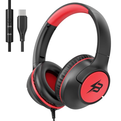 USB C Kids Headphones Wired with Mic, 85/94 dB Volume Limit, Over Ear Headphones for Kids Boys Girls, Foldable Stereo Sound Wired Headphones for...