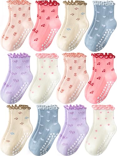 Image of Baby Toddler Girls Socks Grip Ruffle Non Slip Kids Cotton 12 Pack Socks