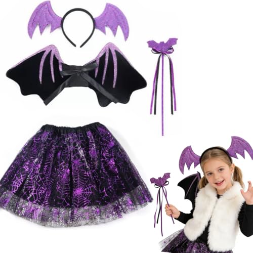Pnoyws Bat Costume for Kids with Black Wings Tutu Skirt Headband Wand Bat Fancy Dress Up for Girls Halloween Party Cosplay World Book Day Costume