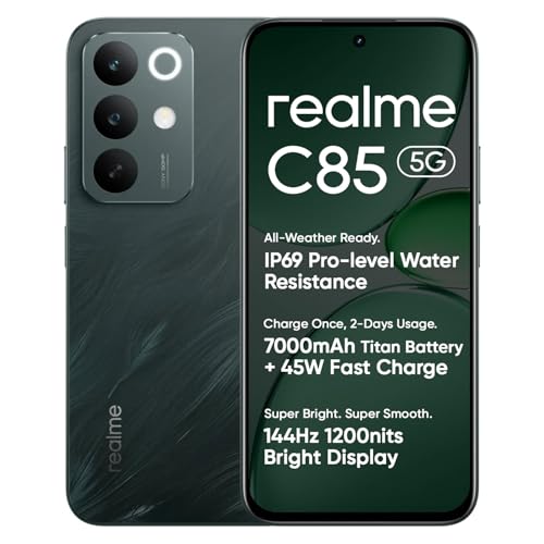 Image of realme C85 5G Smartphone Peacock Green 4+128GB, 6.8inch Screen, 144HZ Vision Display, 45W Fast Charge, 7000mAh Battery, 4+50MP Camera, MediaTek Dimensity 6300, IP69