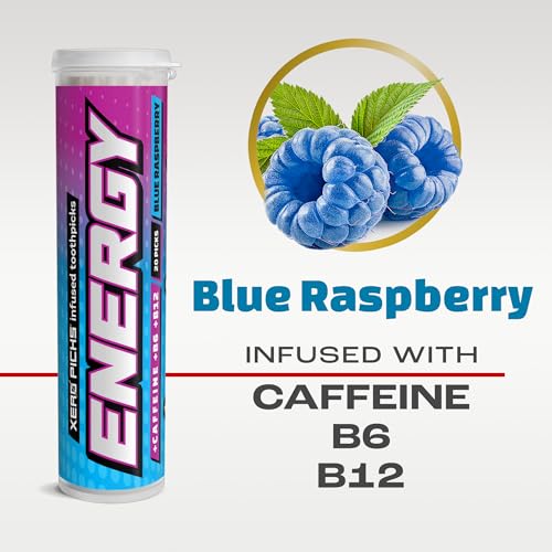 Image of Xero Picks Energy Caffeine Flavored Toothpicks B12 for Focus & B6, 60 Picks (Pack of 3) (Blue Raspberry) Sugar-Free Alternative to Energy Mints & Gum - Kosher