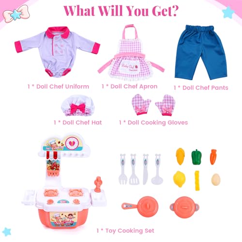 BABESIDE Reborn Baby Doll Clothes for 17-22 Inch Dolls, 18 Pcs Dolls Chef Outfit Set with Apron, Hat, Pants and Cooking Toys Set, Reborn Baby Doll Accessories for Toddler Role Play - Thumbnail 5