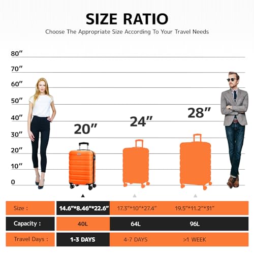 Image of AnyZip Luggage PC ABS Hardside Lightweight Suitcase with 4 Universal Wheels TSA Lock 20 24 28 Inch, Orange, 20 inch Carry-On, Spinner Wheels