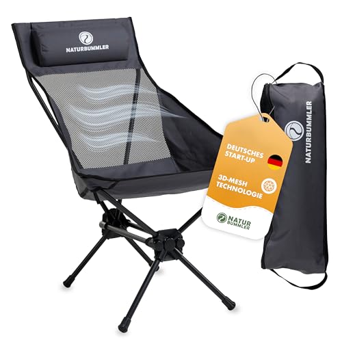NATURBUMMLER Campingstuhl faltbar [Cloud Sit Light] Ultraleicht (2 65kg) & atmungsaktiv inkl. Tragetasche kompakter Klappstuhl 120kg belastbar für Garten Angeln Outdoor (Grau)