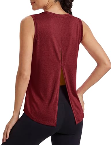 Image of MAGCOMSEN Workout Tank Tops Woman Summer Open Back Yoga Athletic Shirts Sleeveless Tie Back Loose Fit Gym Muscle Tank