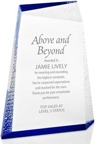 Baudville Trofeo grabado  Diseño de gotas azules y de agua  Trofeo glaciar acrílico mediano  Rápido  Grabado personalizado de hasta tres líneas y