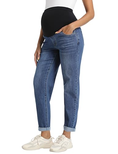 Foucome Women's Maternity Jeans Stretchy High Waist Pregnancy Boyfriend Denim Pants Dark Blue M