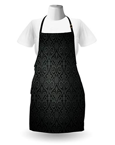 Lunarable Damask Apron, Antique Baroque Pattern Mild Ombre Shade Gothic Victorian Style, Unisex Kitchen Bib With Adjustable Neck For Cooking Gardening, Adult Size, Charcoal Grey #TOP1