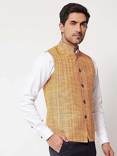 Image of Vastraa Fusion Mens Handloom Small Check Cotton Nehru Jacket - (Brown)