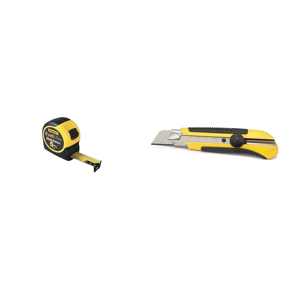 Stanley Fmht81556-5 mètres Ruban Gamme Fatmax - Fabriqués en France - Ruban Épais & Stanley 0-10-425 Cutter 25 mm Bi-matière Dynagrip - Chariot Porte-lame en Acier Anticorrosion